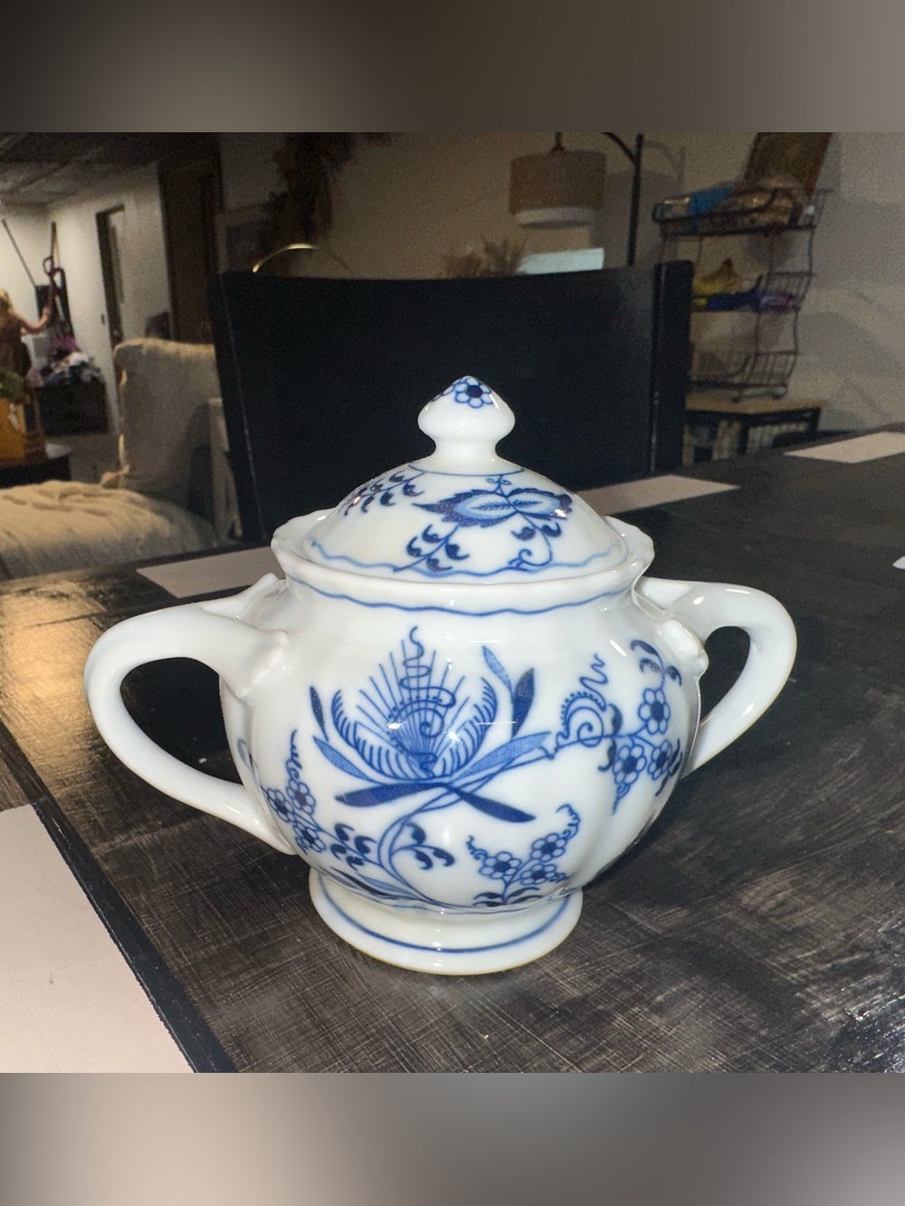 Blue and White Porcelain Sugar Bowl - Classic Floral Design